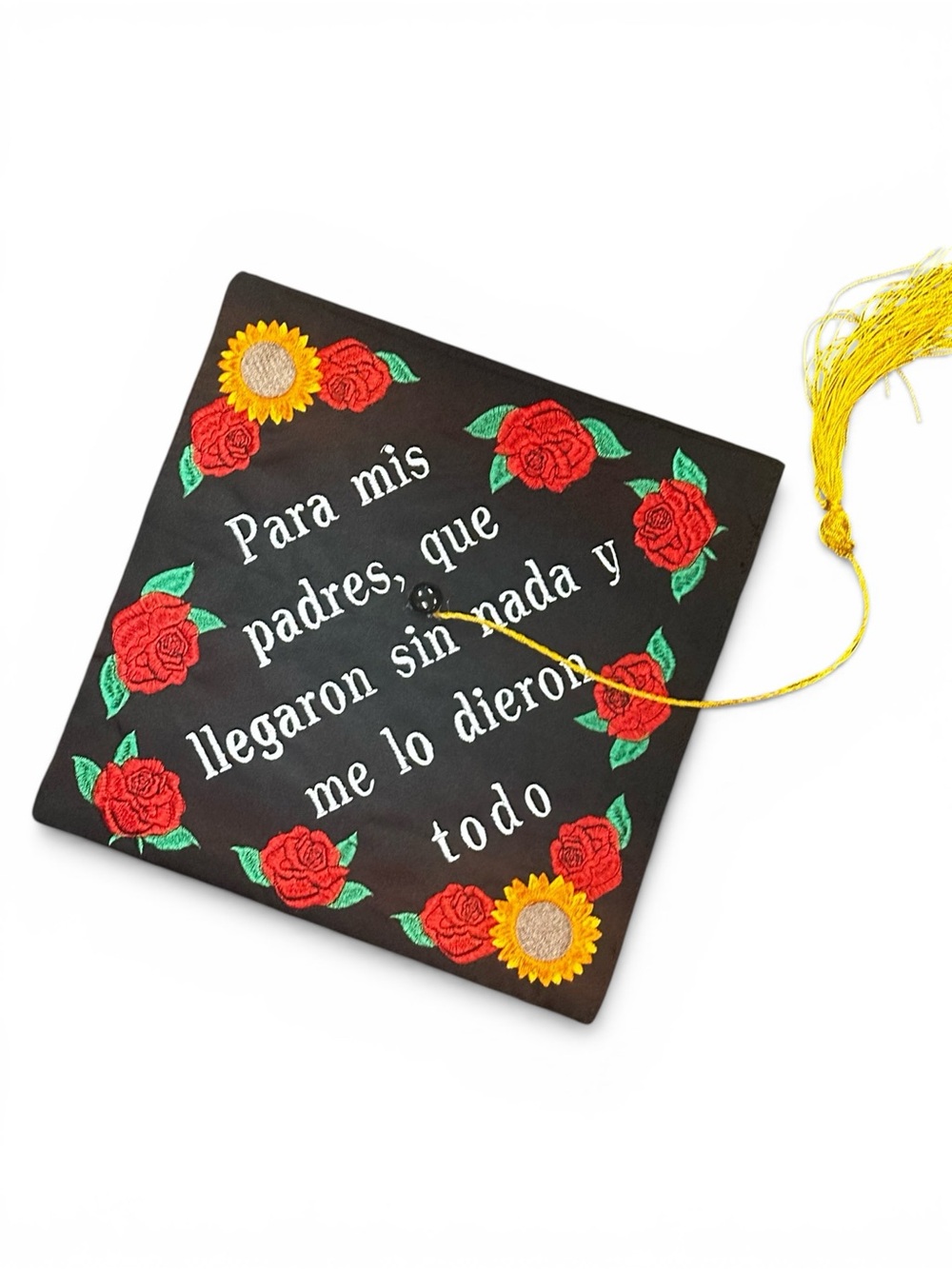 Embroidered Black Graduation Cap with Red Roses & Sunflowers